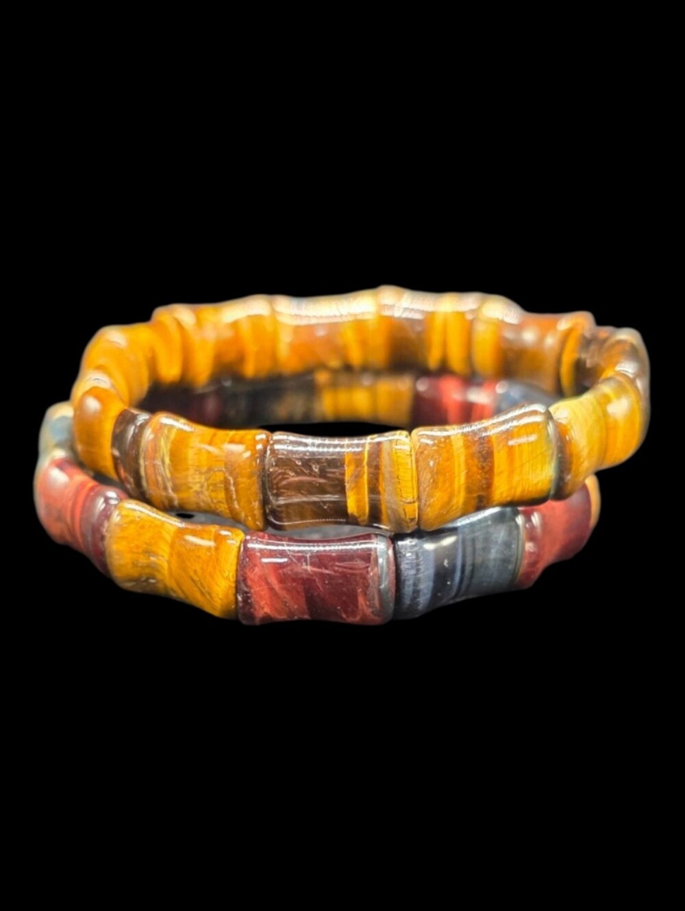 Handmade Tiger's Eye Bamboo Gemstone Stretch Bracelet Set of 2